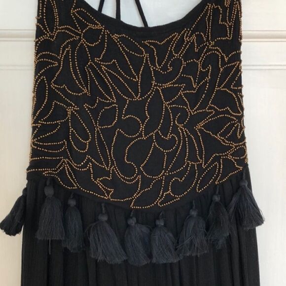 Raga Dominca Black Tassel Maxi Gauze Boho Dress With Gold Beaded Bodice Sz S - Picture 11 of 12